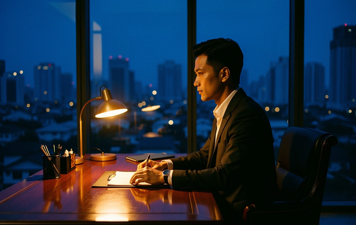 Professional workspace at dusk